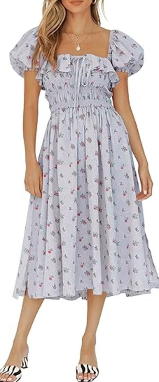 R.Vivimos Cottagecore Puff Sleeve Midi Dress Womens Size S Blue Floral Smocked